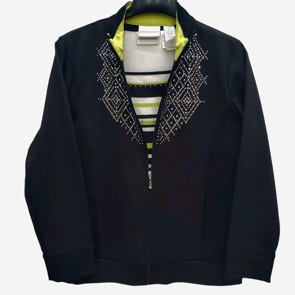 Alfred Dunner 2 Piece Shirt and Jacket Womens Medium Embellished Black Green